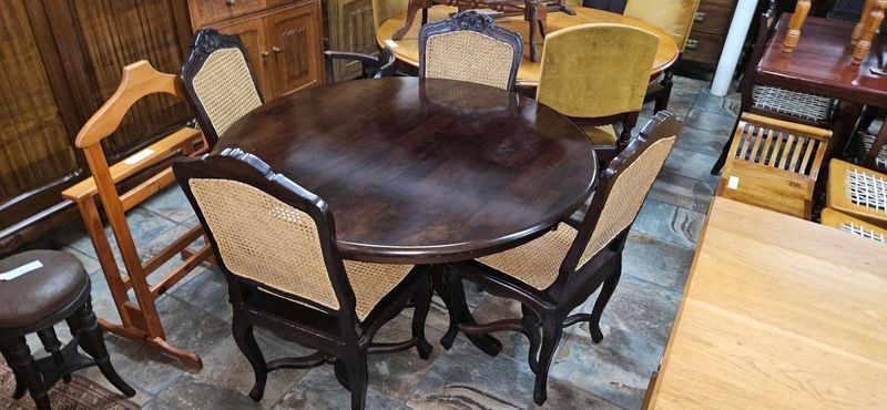 Acacia-wood Round Table &#43; 4 x Mahogany French-style Rattan Chairs