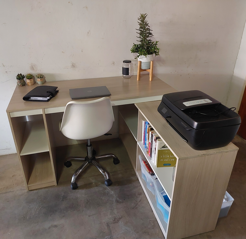 White and Light Brown Wooden Office Desk with Matching Chair
