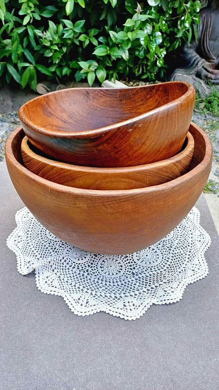 Vintage Trio of Large Teak Salad Bowls - Handcrafted in Thailand, circa 1970&#39;s