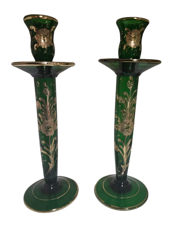 Emerald Green Hand Blown Gilded Glass Bohemian Candlesticks