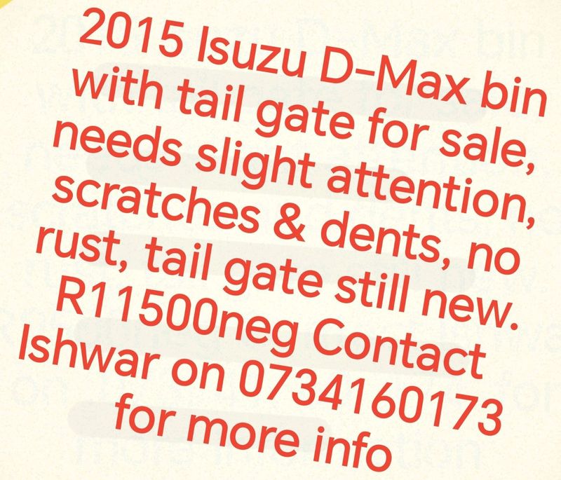 2015 isuzu d max bin with tail gate for sale R11500neg
