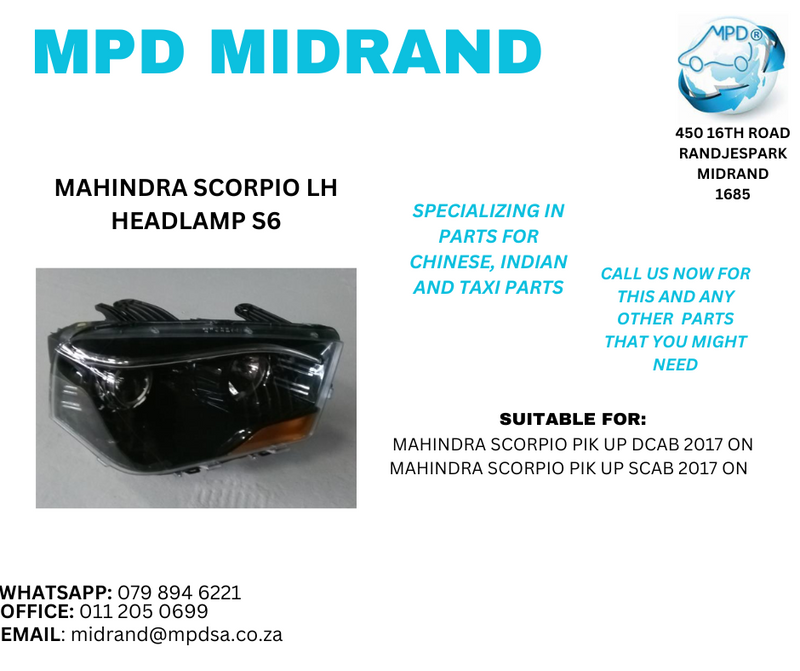Mahindra Scorpio Pik Up DCAB &amp; SCAB 2017 on - LH Headlamp S6