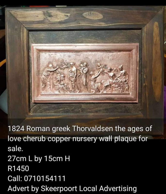 1824 Roman Greek Thorvaldsen the ages of love cherub copper nursery wall plaque for sale
