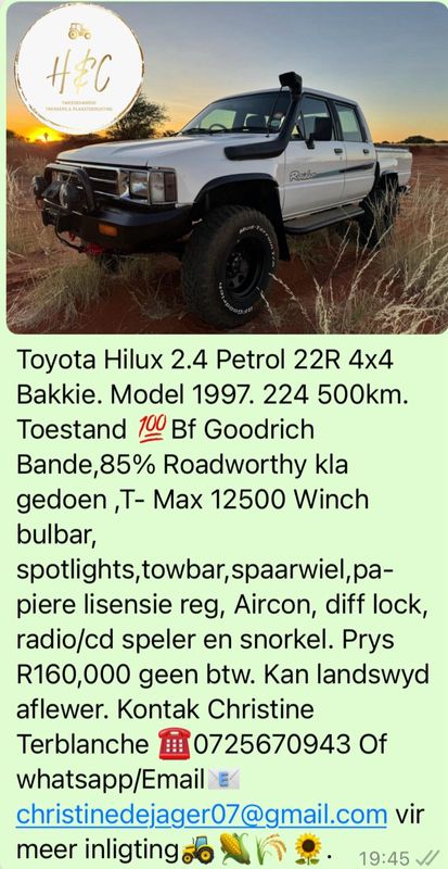 Toyota Hilux 2.4 Petrol 22R 4x4 Bakkie.