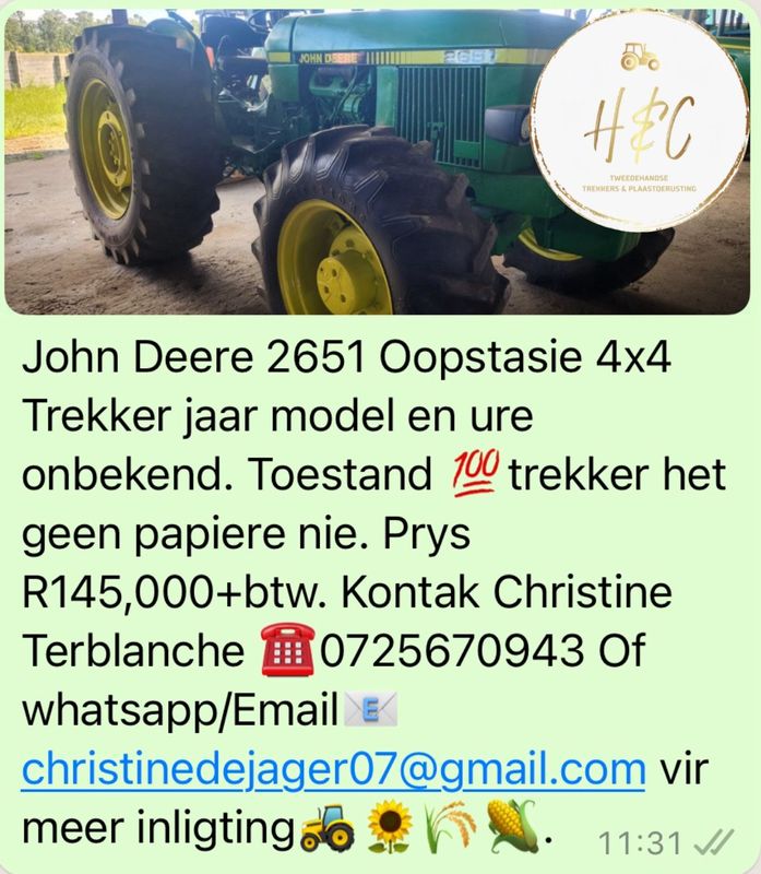 John Deere 2651 Oopstasie 4x4 Trekker.