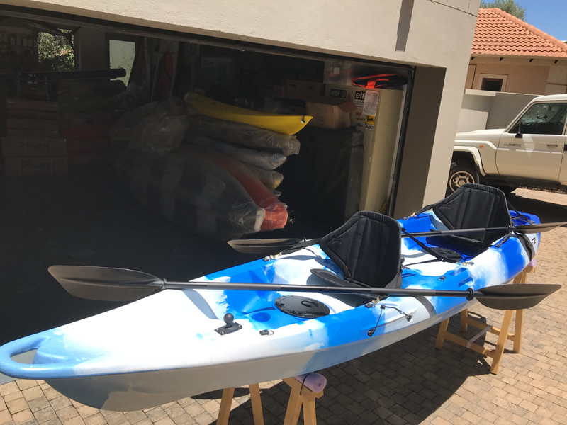 Pioneer kayak tandem incl. seats, paddles, leashes and rod holders, Ice Blue colour, NEW!