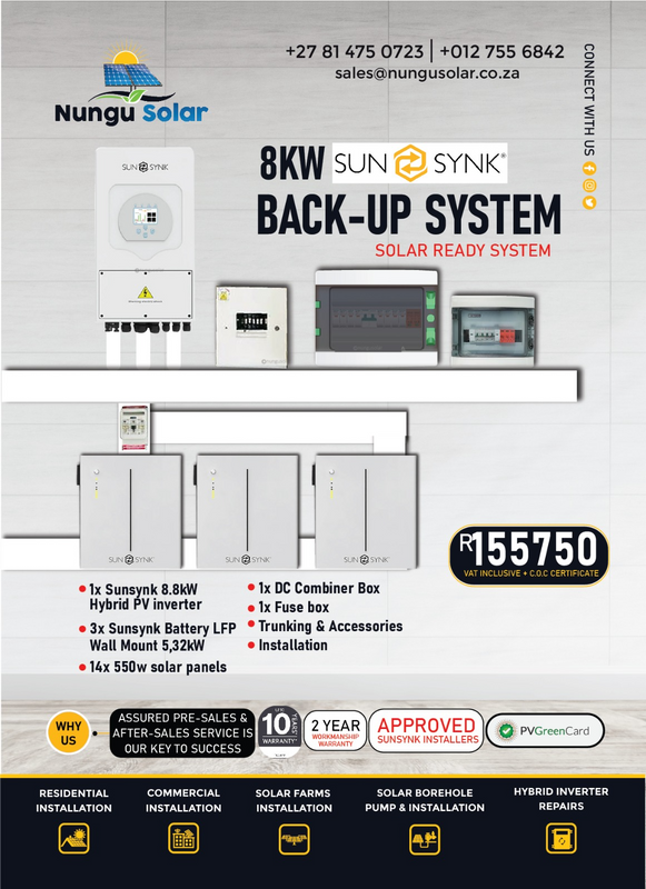 8 Sunsynk Back-up system including installation and C.O.C certificate