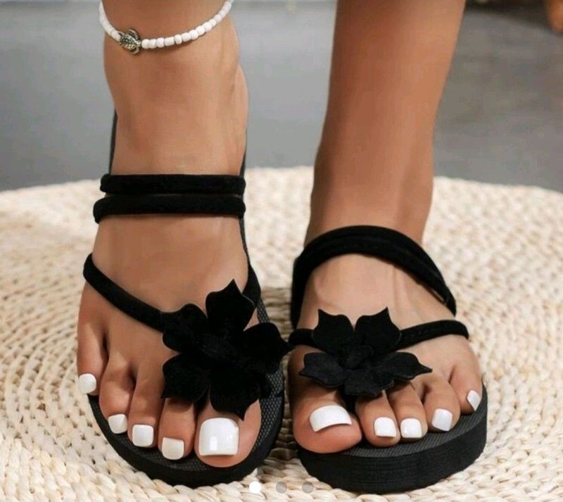 Faux Suede Flower Sandals Black