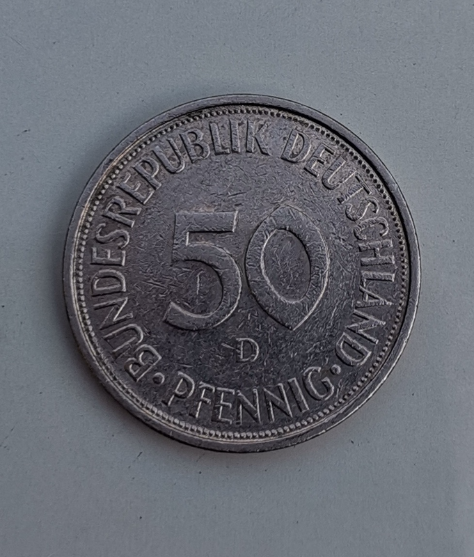 1974 German Bundesrepublik Deutschland 50 Pfennig (D) Coin For Sale