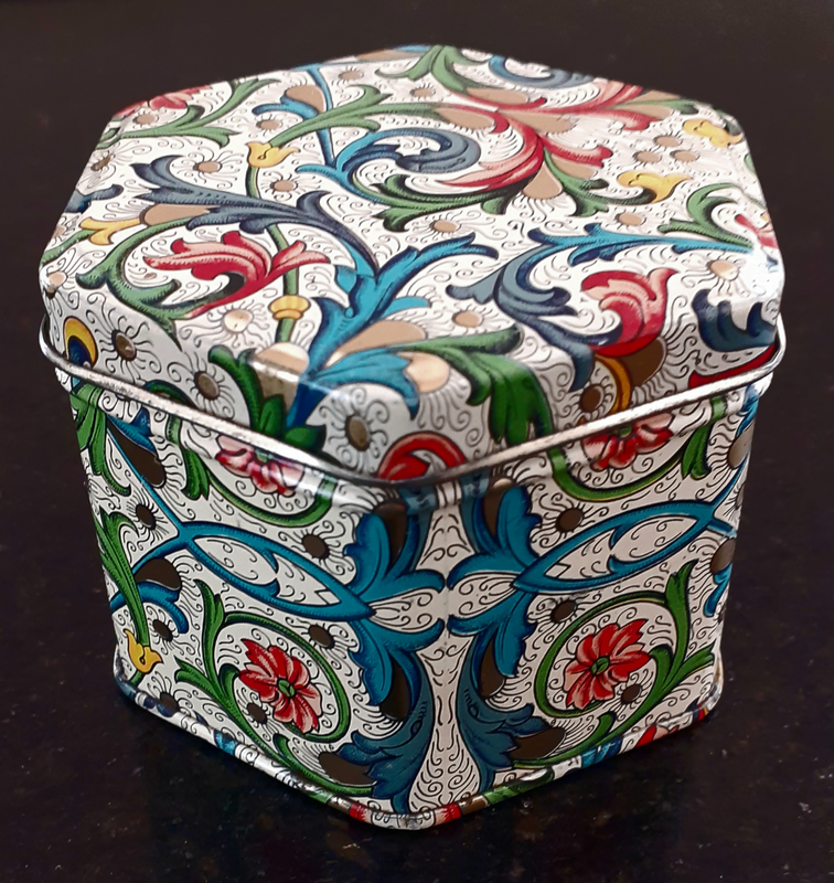 Hexagonal tin trinket box.