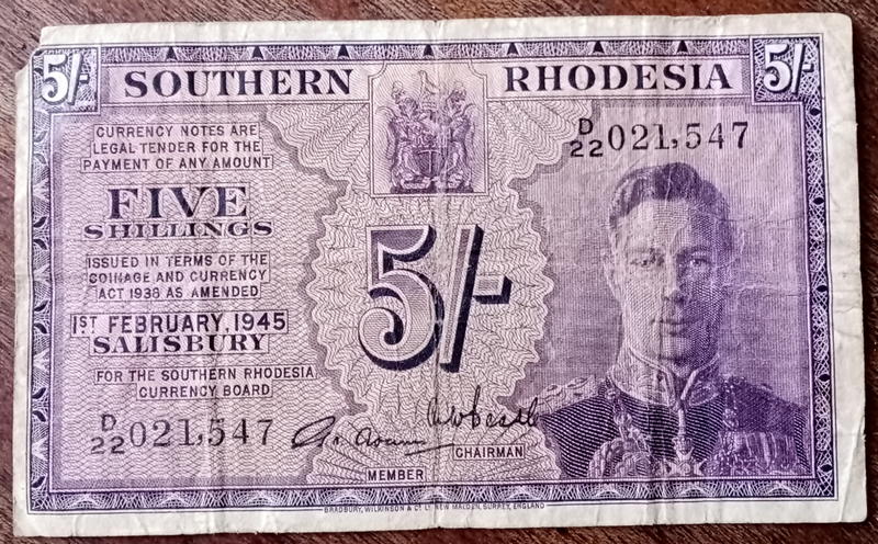 Very scarce 1945 Southern Rhodesia 5 Shillings note VG