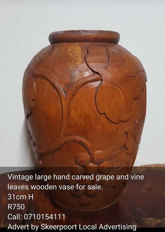 Vintage large hand carved grape and vine leaves wooden vase for sale