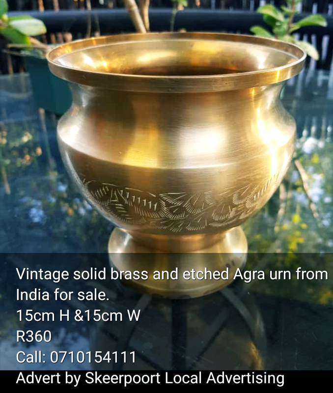 Vintage solid brass etched Agra urn for sale.