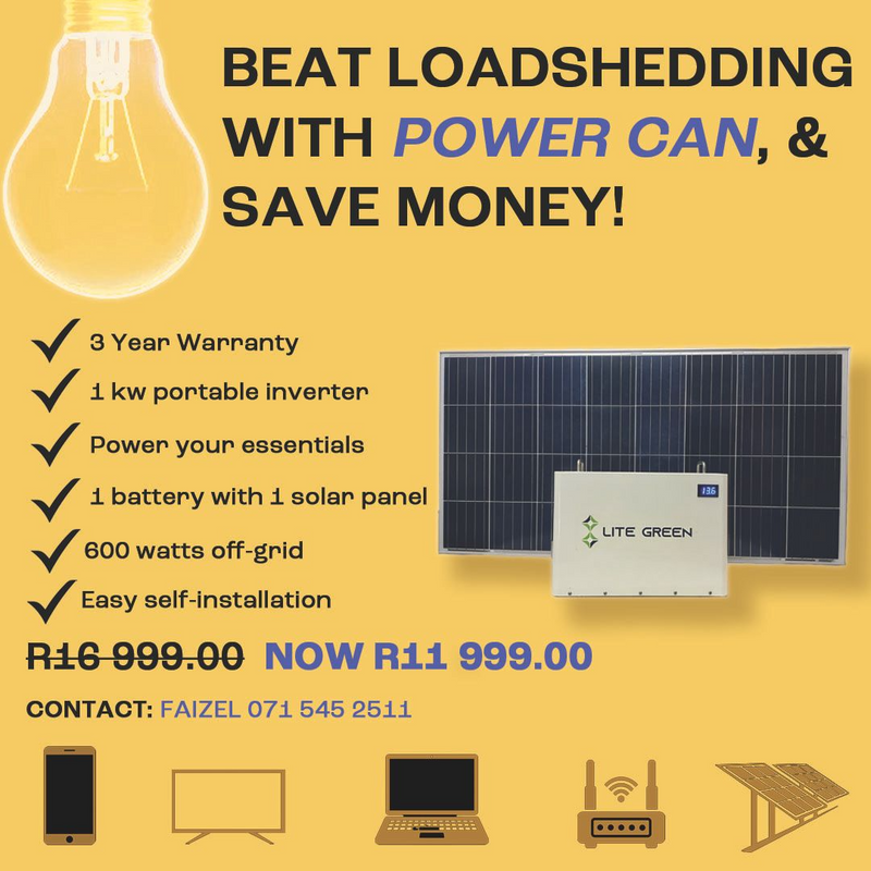 PowerCan 1kW portable inverter and battery, equipped with solar panel capabilities.