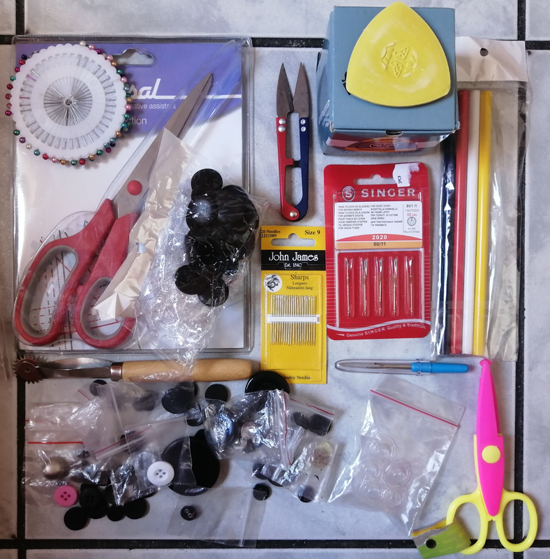 Dressmaking items : Fabric scissors, chalk, sewing needles, buttons and more