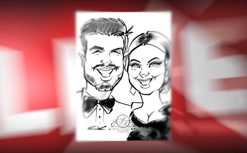 3 minute Caricatures Sketched live by Caricaturist at Weddings and Corporate Events