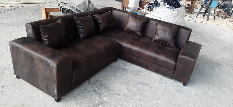 Brown leather L shape couch
