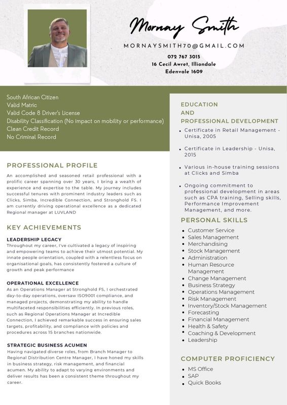 Experienced Regional Manager Seeking Role in Northern Suburbs – Cape Town