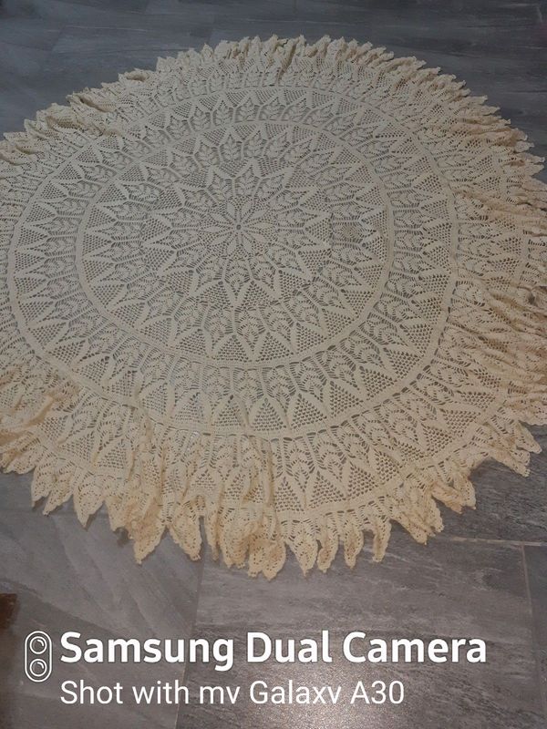 2m in Width  Round Crochet Table Cloth.  Can let go for R400. Negotiable. Van Dyk Park.