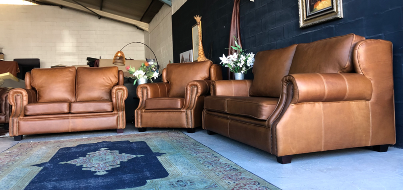 Newly Manufactured 3pc full grain genuine leather GALLARY STYLE lounge suite, (3, 2 &amp; 1 seater)