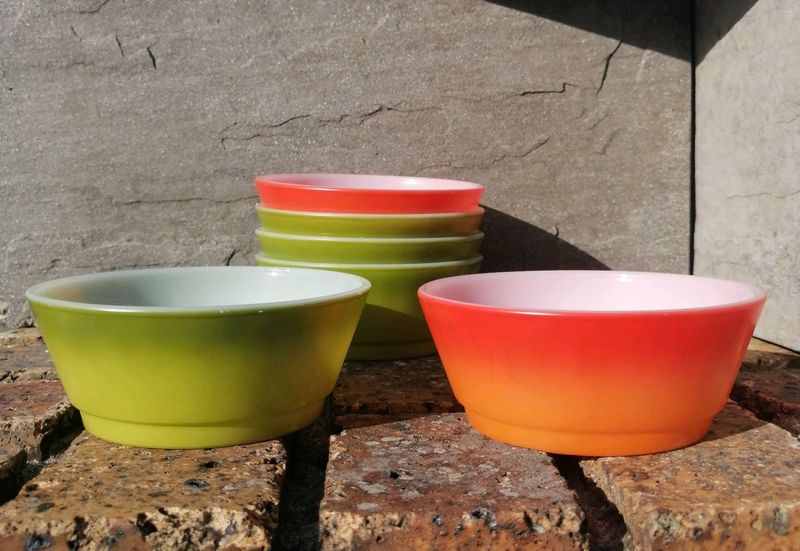Anchor Hocking Fire-King Round White Green/Red Milk Glass Round Cereal Bowls