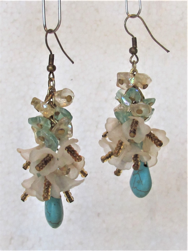 Beaded Turquoise Gemstone, Crystal Chips and Flower Earrings