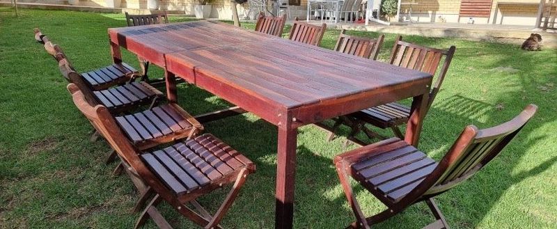 Large 10 seater patio dining table and 10 chairs solid wood