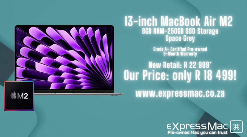 MacBook Air 13-inch M2-8GB RAM–250GB (2022) Space Grey, Mint, 6-Month Warranty. ML