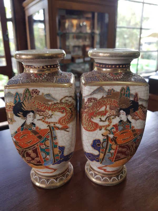 Antique pair of Mejiji Japanese Satsuma Vases ~ Circa 1603-1868