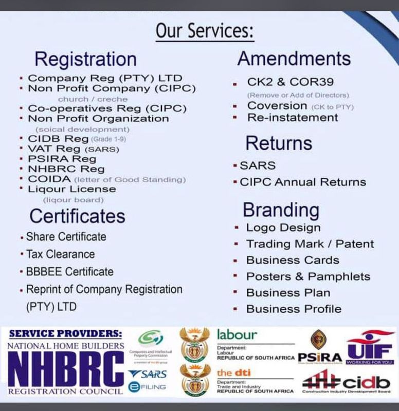 Hi I can help with the following Company registration,tax clearance,bbbee,nhbrc and labour letter