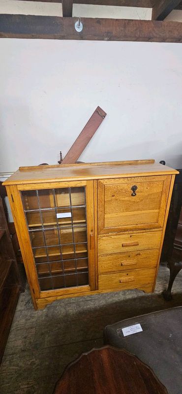 Oak Leadlight Bureau-Bookcase