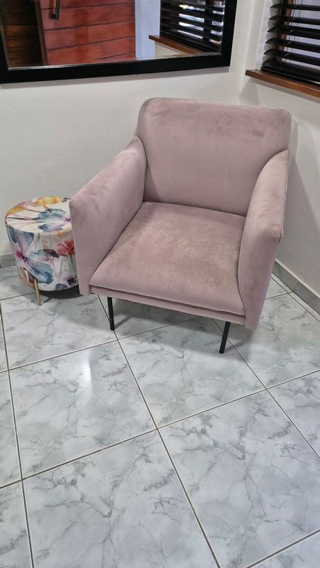 Sixt floor Dusty pink armchair with colourful ottoman for sale.