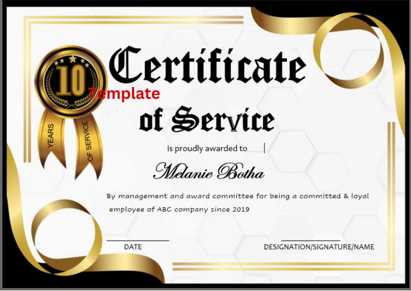 10 Years service Certificate template in Ms Word