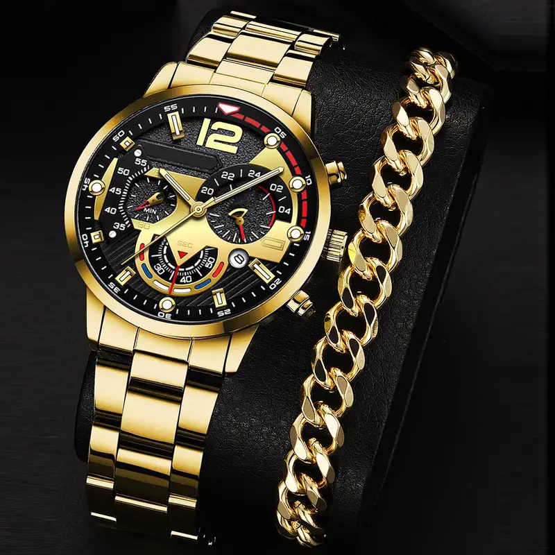 2pcs Elegant Men Triple Dial Round Quartz Watch &amp; Bracelet Set