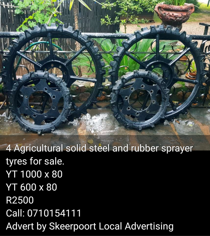 4x Agricultural solid steel and rubber sprayer tyres for sale