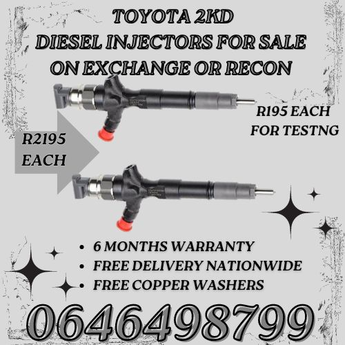 Toyota 2KD diesel injectors for sale on exchange 6 months warranty.
