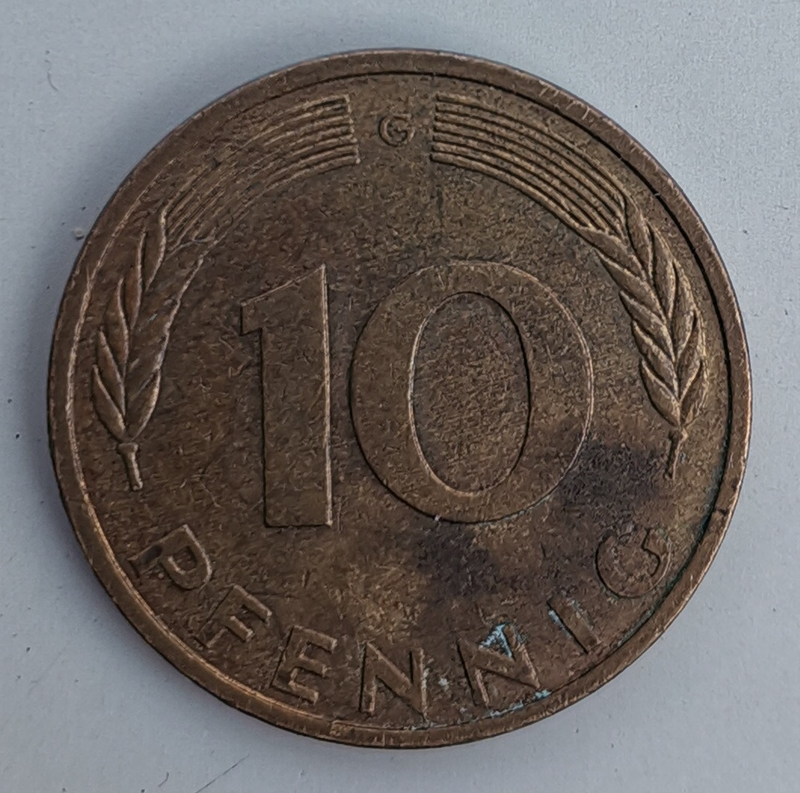 1987 German 10 Pfennig Bank deutscher Länder (G) (Germany, FRG) Coin For Sale.