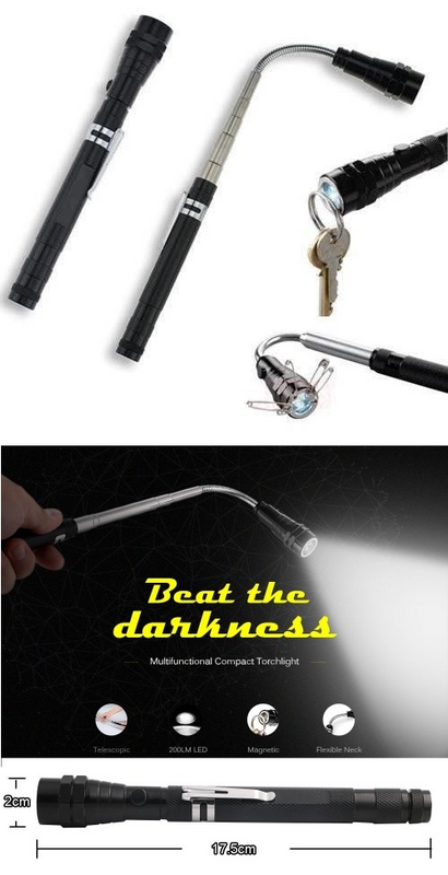 Multifunctional Magnetic Flexi-Telescopic Bendable Pick-Up-Tool LED Torches in Metallic Black. NEW.