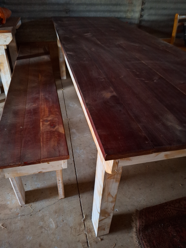 Long wooden table with two benches