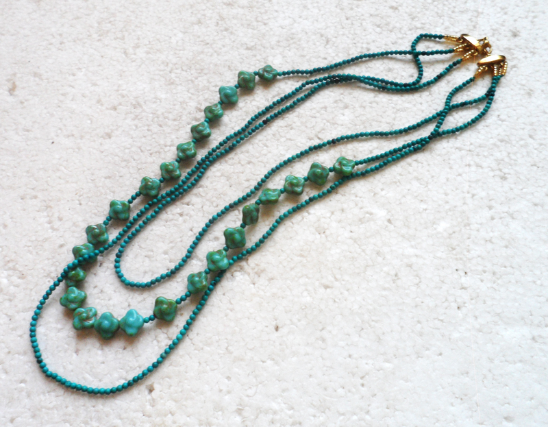 3 Strand Turquoise Gemstone and Vintage Glass Bead Necklace