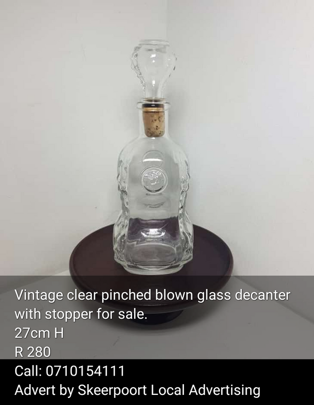 Vintage clear pinched blown glass decanter with stopper for sale