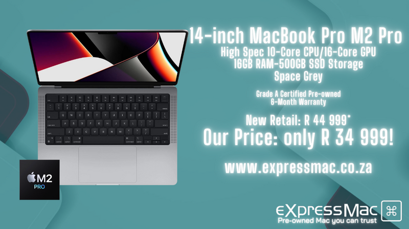 MacBook Pro 14-inch M2 Pro–16GB RAM – 500GB (2023)Mint, 6-Month Warranty. Save R10K. BKF