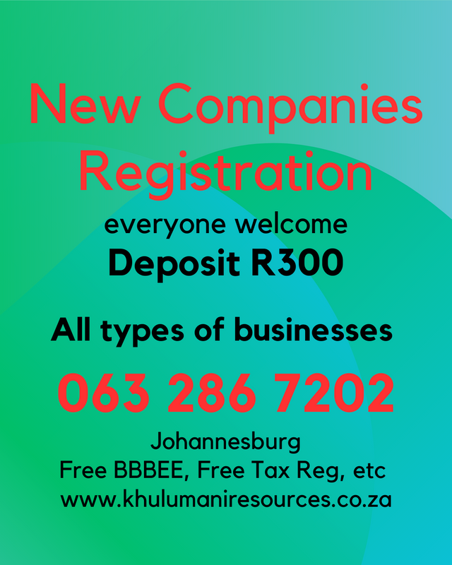 New Company Registration (R550) Free BBBEE. Cell 063 286 7202