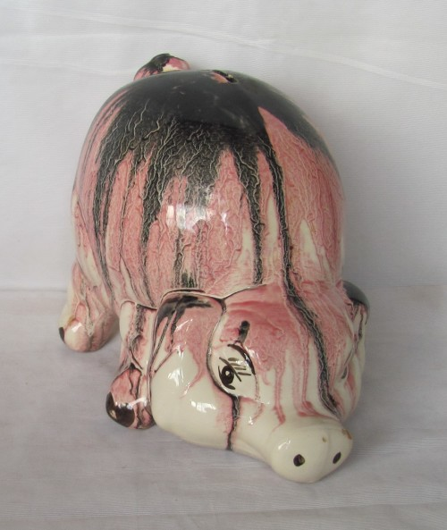 Vintage - 1982 Large Porcelain Pink and Black Piggy Bank Ornament