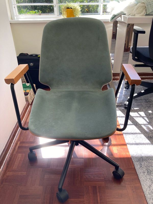 &#64;Home Stylish mid century style office chair. Subdued blue fabric with wood style back