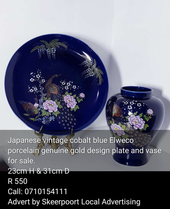 Japanese vintage cobalt blue Elweco porcelain genuine gold design plate and vase for sale