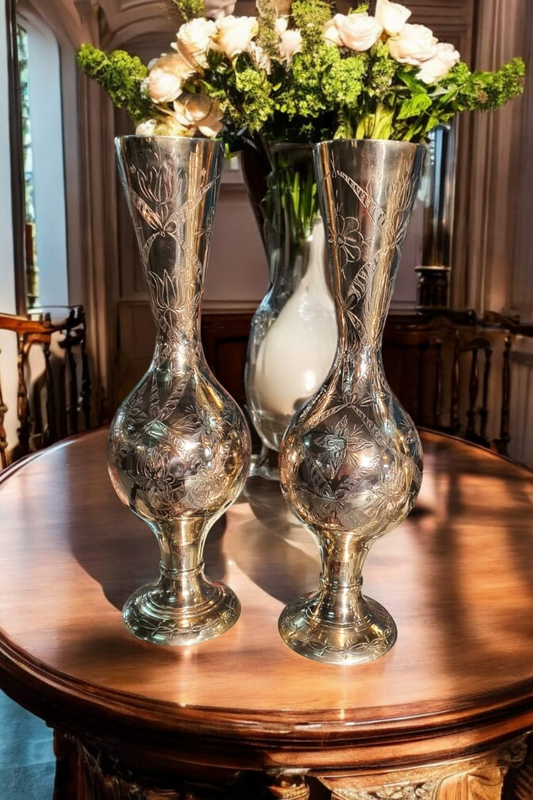 Timeless piece of history with our Pair of Indian Brass Art Museum Vases On Pedestal 32cm