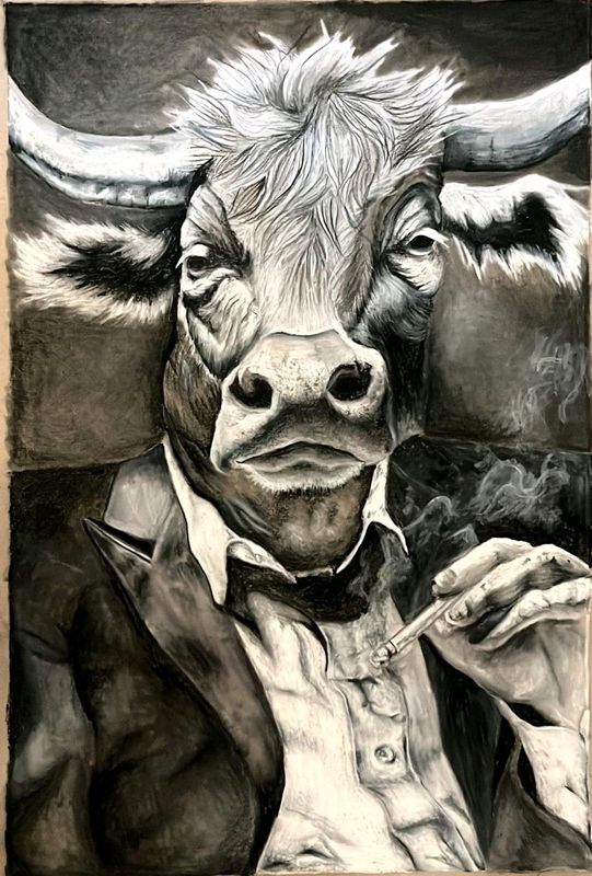 Art . nguni A2 charcoal pencil theme: out of place