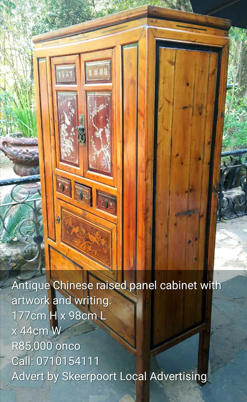Antique Chinese raised panel cabinet with artwork and and writing for sale