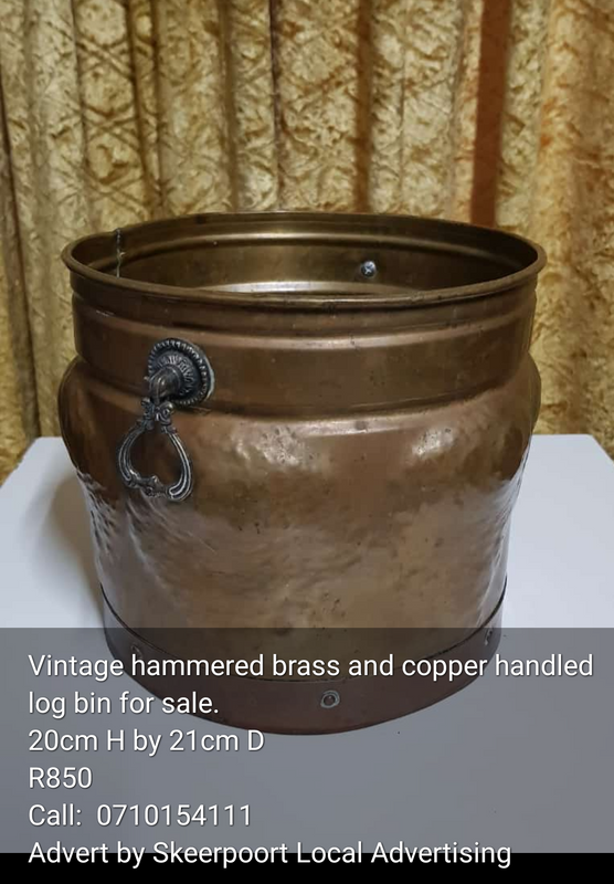Vintage hammered brass and copper handled log bin for sale